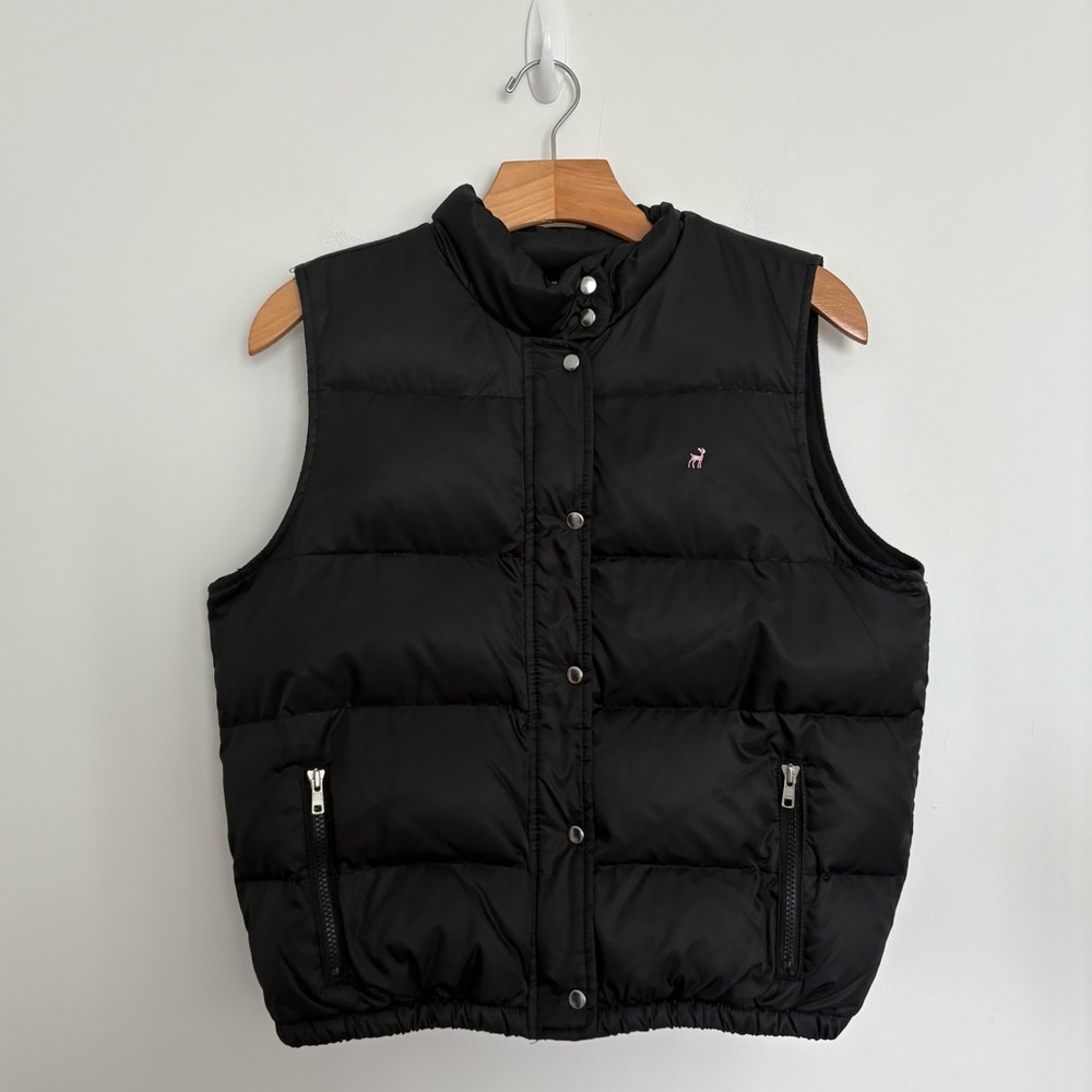 VTG Old Navy Womens Teen Puffer Vest Size Large Black Pink Down Feathers Comfy